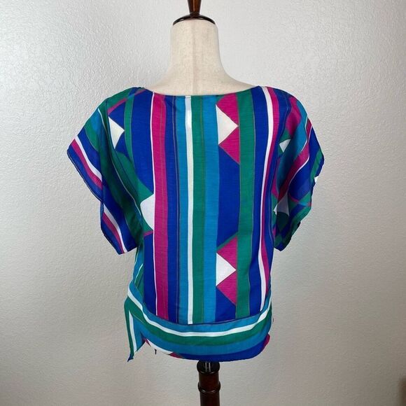 Vtg Blue Hawaii Blouse Womens S boxy bright multicolored side tie kimono sleeves - Picture 5 of 8